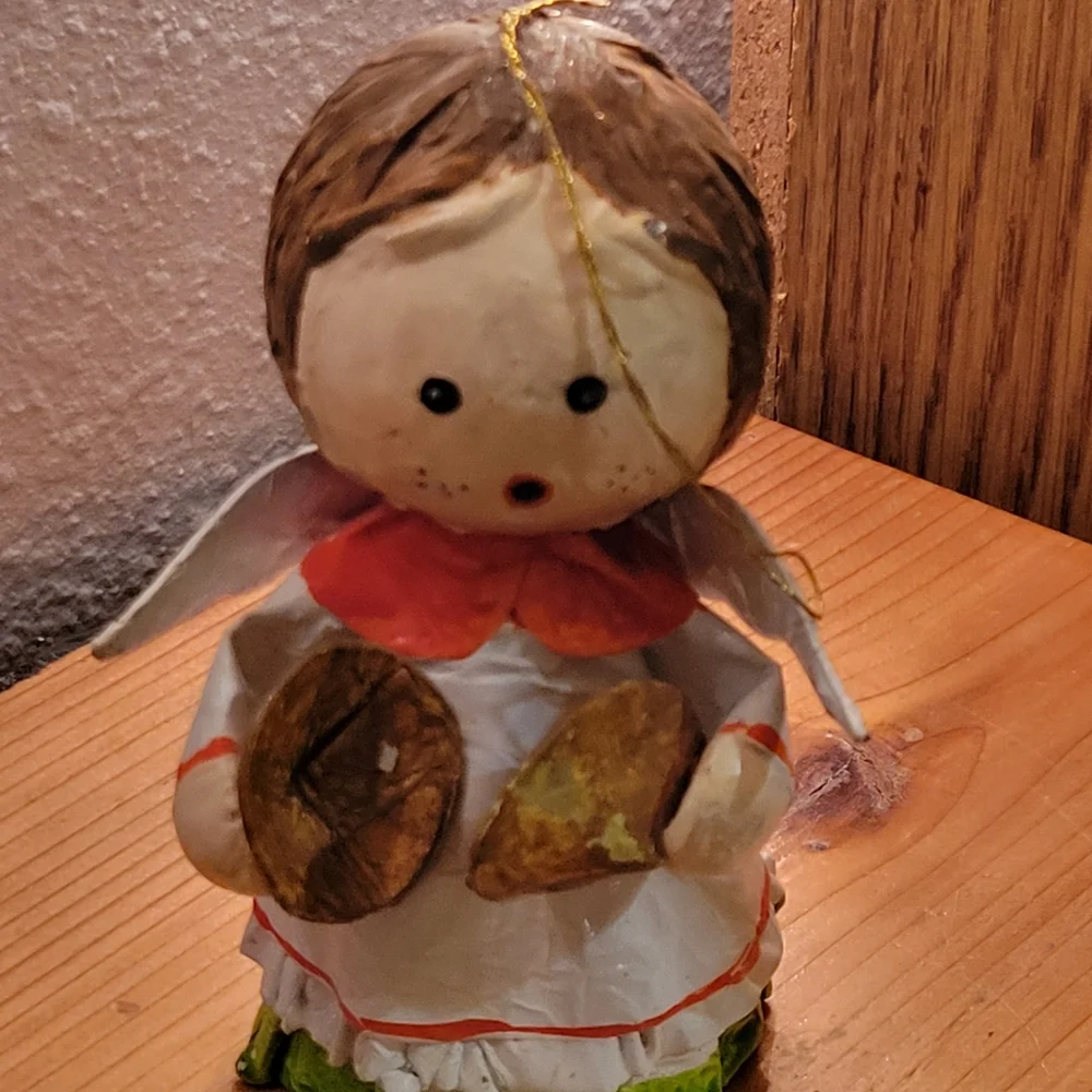Vtg Handmade Paper Mache Glazed Angel Christmas Tree Ornament Cymbals Music